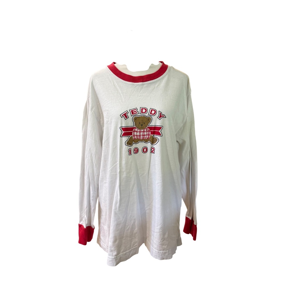 Avon Teddy 1902‎ Graphic Ringer T-Shirt Long Sleeve White Red Cotton Womens M